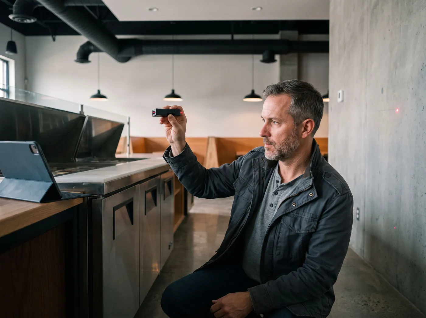 An engineer measures a new restaurant's kitchen line with a laser meter during a site tour.